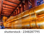Small photo of BANGKOK, THAILAND - FEBRUARY 5, 2023 Colorful Golden Long Reclining Buddha Front Door Wat Phra Chetuphon Wat Pho Po Temple Complex Bangkok Thailand. Temple built in 1600s. Reclining Buddha built 1832